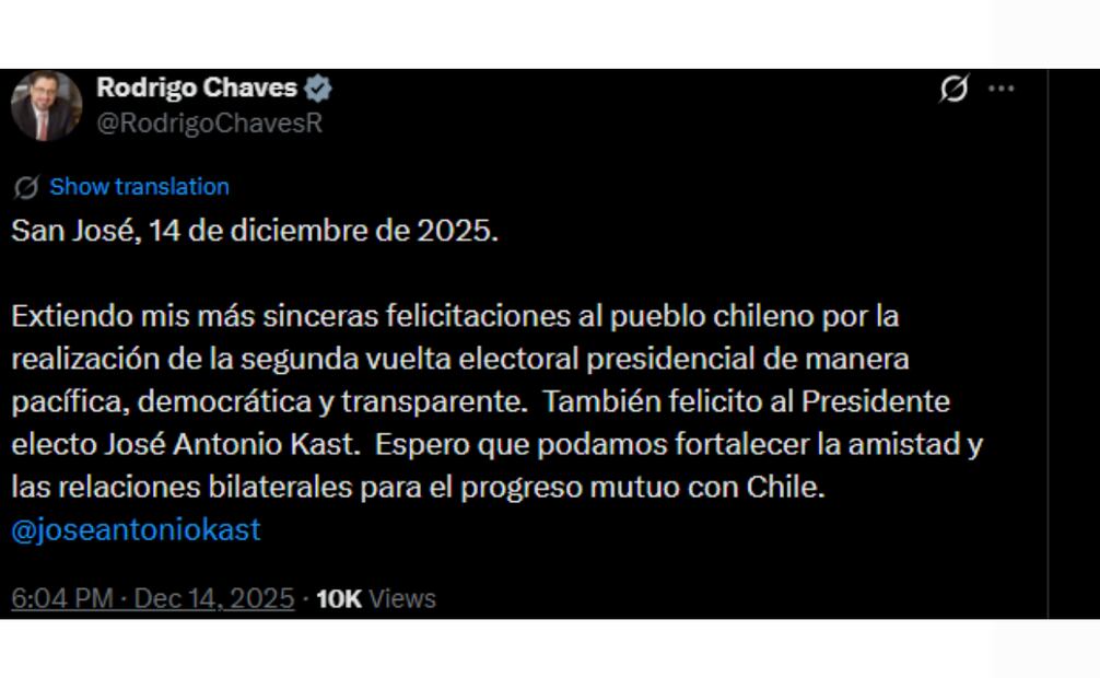 Rodrigo Chaves felicita a Kast por su triunfo en Chile. (14/12/25) Foto: Captura de pantalla