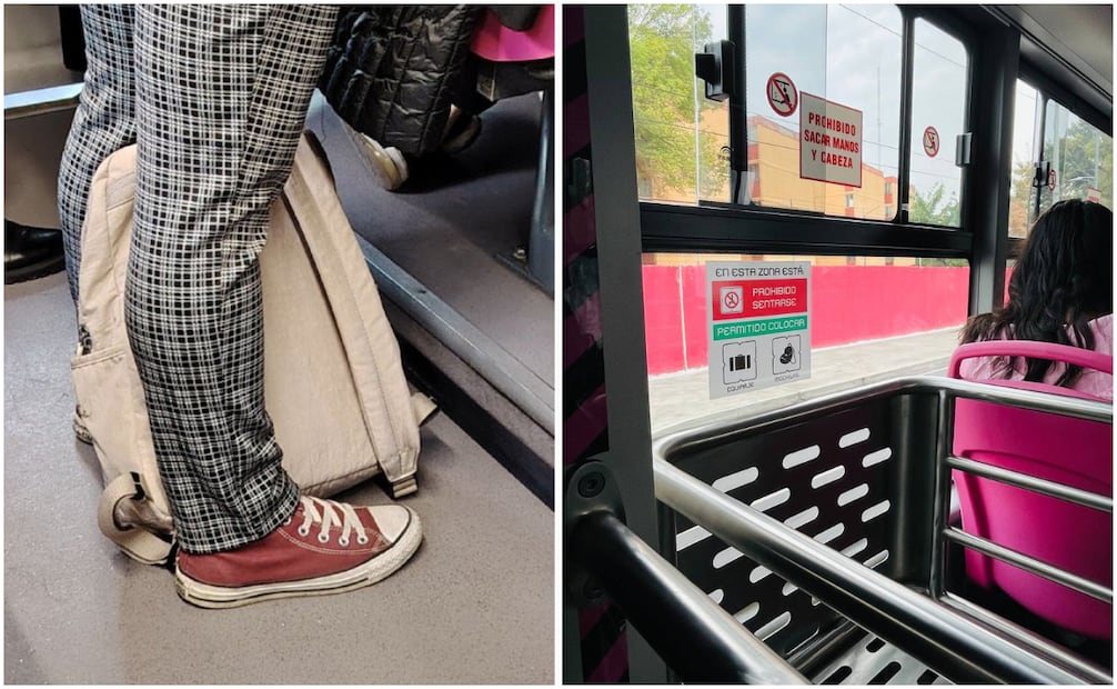 Al viajar en Metrobús con una mochila, maleta o bolso de gran tamaño deberás colocarla en el suelo entre tus pies o en los espacios designados en las unidades. Foto: X @MetrobusCDMX