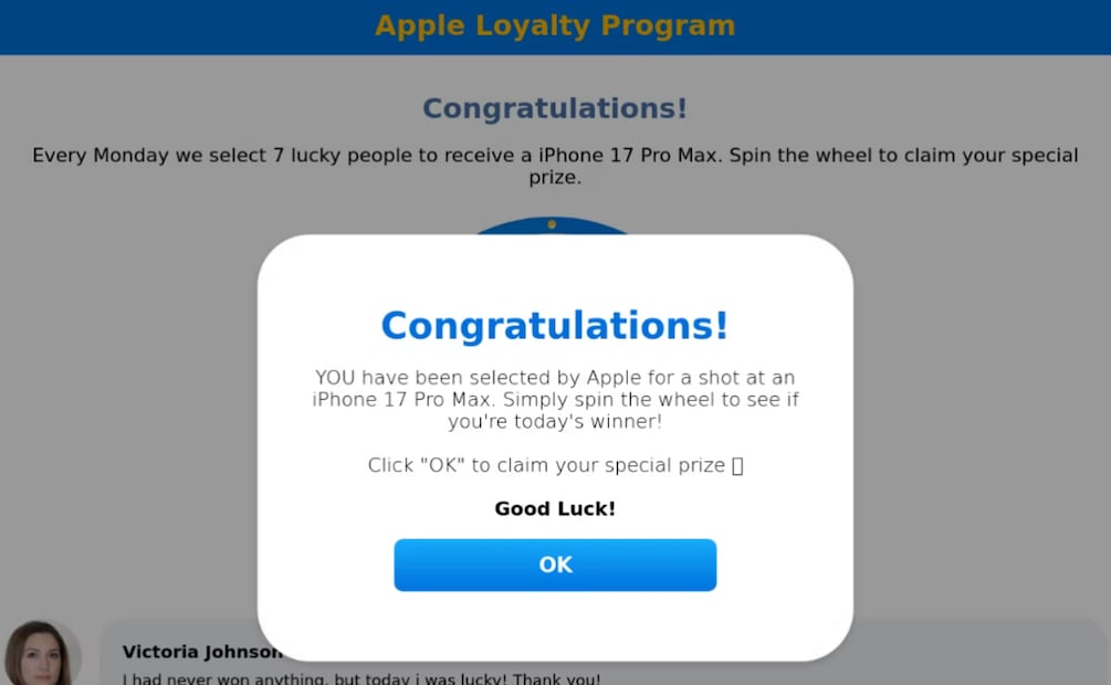 Página falsa del “Apple Loyalty Program” regalando los nuevos iPhone. Foto: Kaspersky