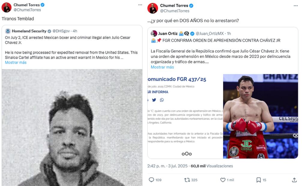 El influencer y comediante Chumel Torres reacciona a la detención del boxeador Julio César Chávez en Estados Unidos. Foto: Captura de pantalla 'X'
