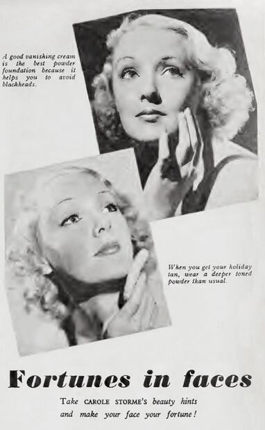 Publicidad de la revista inglesa Picturegoer donde se ve a la entonces “mujer más fotografiada en Inglaterra”, Carole Storme, como principal promotora de la marca de cosméticos Snowfire. La joven gozó de tanta fama que el periódico The Washington Times, informó en su primera plana del 17 de noviembre de 1936 sobre su visita a Nueva York. Foto: ESPECIAL/Picturegoer/Internet Archive.