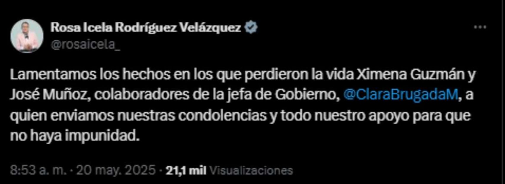 Rosa Icela Rodríguez, titular de Segob, lamentó el asesinato de Ximena Guzmán y José Muñoz. Foto: Captura de pantalla de la cuenta de X de @rosaicela_