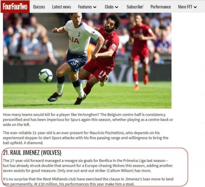 Raúl Jiménez, enlistado entre los mejores de la Premier League