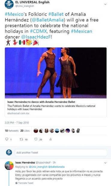 Isaac Hernández will not participate in Amalia Hernández Ballet