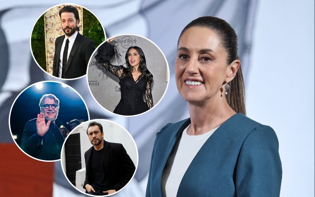 La presidenta Claudia Sheinbaum en su conferencia mañanera del 9 de julio de 2025. En el círculo: Salma Hayek, Diego Luna, Guillermo del Toro y Demian Bichir. Fotos: EFE, AP, AFP y Getty Images