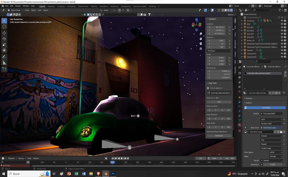 Esta captura de Blender compartida por el diseñador tiene tantos elementos típicos de la ciudad que bastarían para jugar lotería: el vochito, el crucifijo, la ventana de herrería, el alumbrado público, la pared “rayada”, el “Sanjuditas”. Imagen: Victor Estrella.