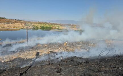 Vientos reavivan incendio de pastizales en Periférico Oriente y autopista Peñón-Texcoco; bomberos trabajan en el siniestro