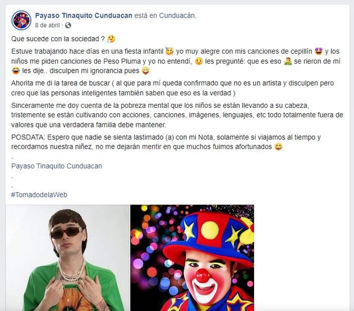 La publicación del payaso se viralizó en internet. Foto: Facebook