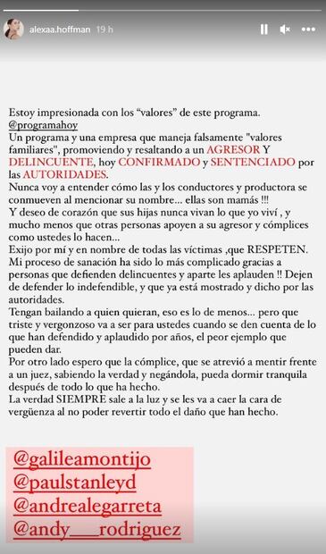 Alexa Hoffman lanza comunicado contra el programa "Hoy" y contra su hermana Daniela.