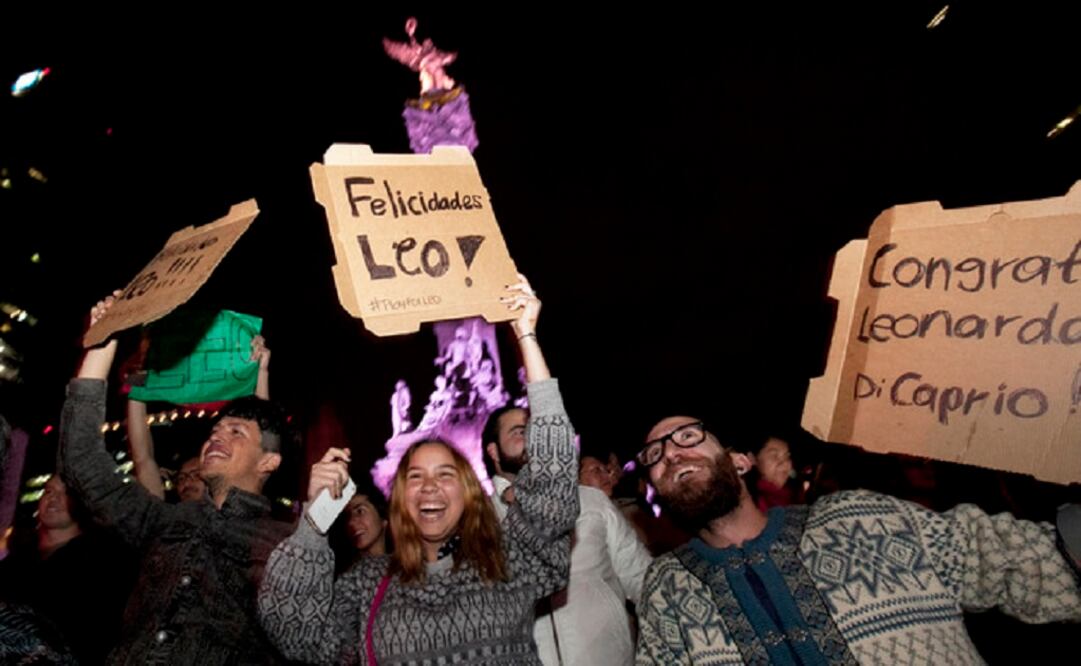 A few dozen Mexicans turned out at Mexico City's Angel of Independence monument shortly before midnight Sunday to celebrate those awards and Leonardo DiCaprio's prize for best actor in Iñárritu's "Revenant."  (Photo: AP)  