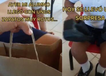 Gracias “maeta”. Regala zapatos a su alumno y conmueve en TikTok