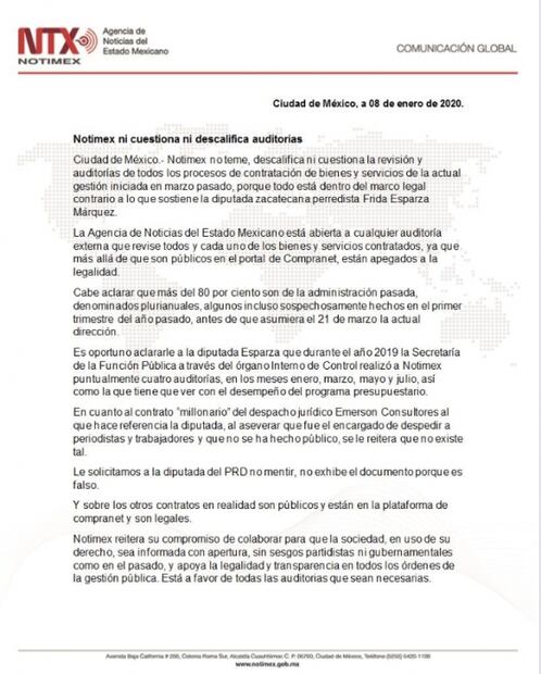 Notimex responde a diputada: "no tememos a cualquier auditoría externa"