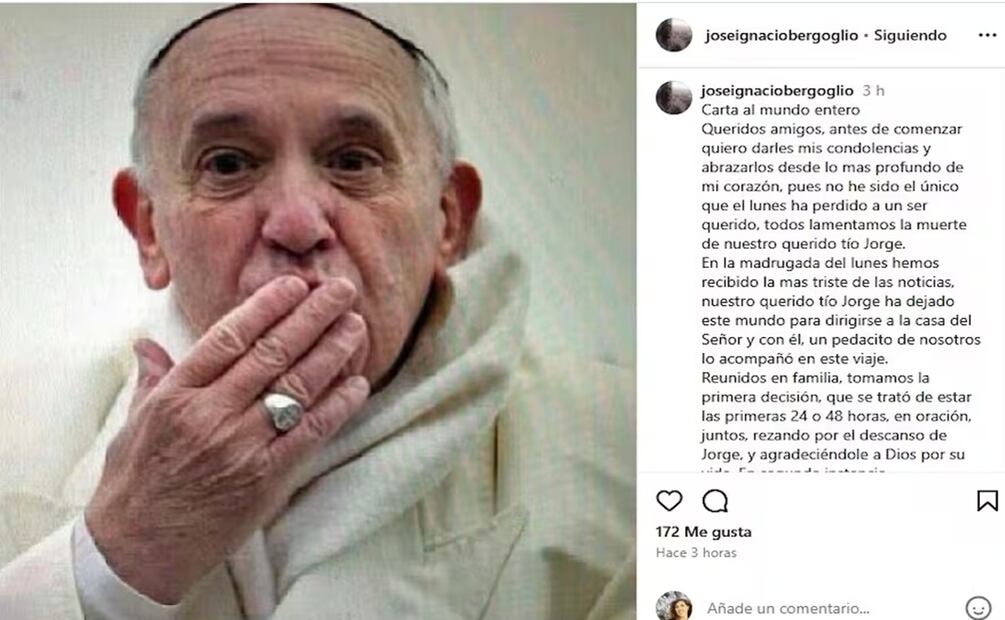 El sobrino del papa Francisco, José Ignacio Bergoglio, rompió el silencio con una publicación en redes sociales, tras la muerte de su tío en Roma. Imagen tomada de @joseignaciobergoglio