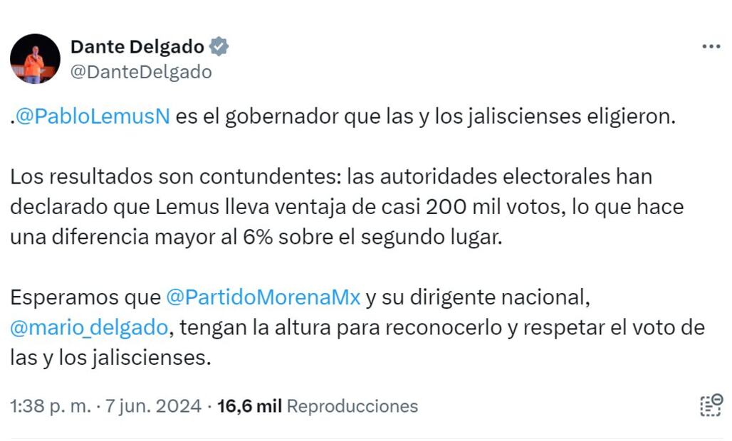 Dante Delgado pide a Mario Delgado reconocer la victoria de Pablo Lemus en Jalisco. Foto: Captura de pantalla