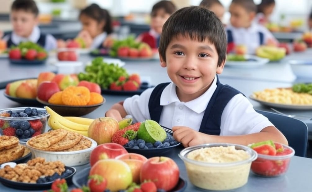 Prohibición de comida chatarra en las escuelas. Foto: Realizada con IA