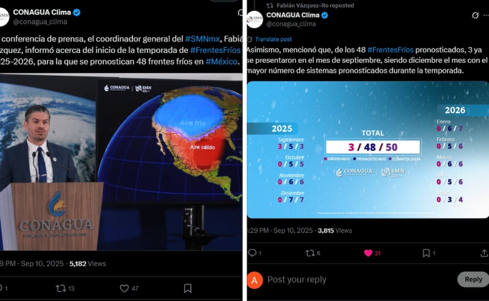 El SMN pronosticó entre 48  y 55 sistemas frontales, con un promedio cercano a la media histórica de 58.
Foto: Captura de pantalla en X