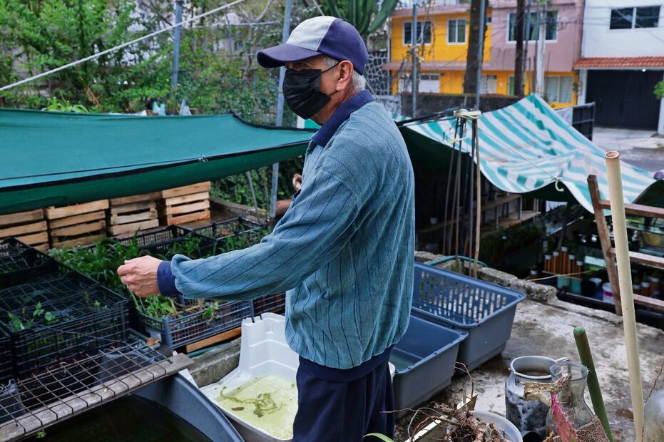 Arturo Molina instaló su propio sistema de captación de lluvia para regar las plantas que cultiva y vende. foto: Fernanda ROjas