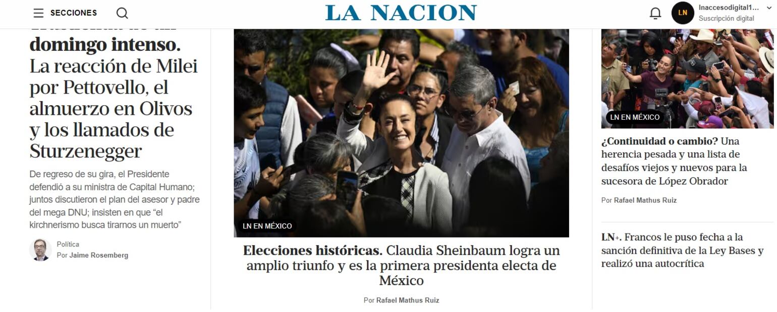 Así publicó el diario La Nación los primeros resultados sobre las elecciones en México. FOTO: CAPTURA