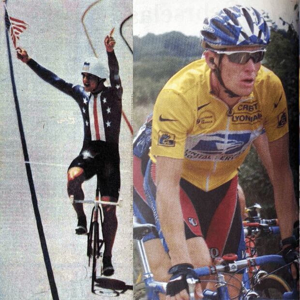 Mientras el estadounidense Steve Hegg (izq.) celebra su oro en Los Ángeles 1984 luciendo un ajustado traje en una pieza, con manga larga y pernera sobre la rodilla, a simple vista similar al pantalón de cuero de un rockstar, su connacional Lance Armstrong (der.) en Sydney 2000 muestra que los avances tecnológicos permitieron integrar toda clase de logos en el diseño del uniforme ciclista. Otra innovación evidente son accesorios como el casco, los lentes oscuros y los guantes descubiertos en la parte de los dedos. Archivo EL UNIVERSAL.