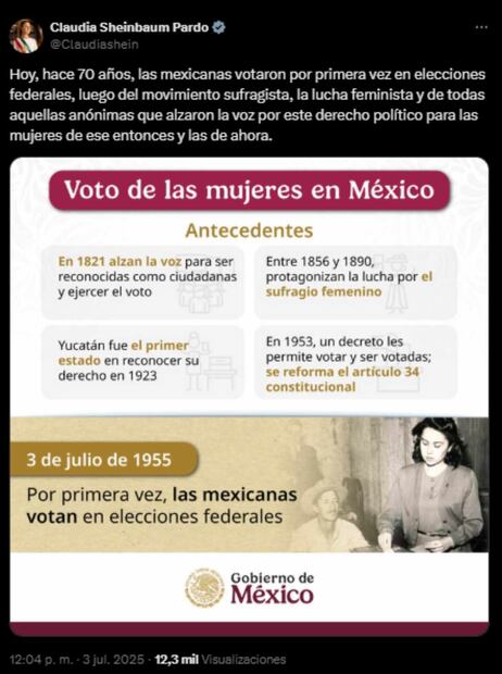La presidenta Claudia Sheinbaum celebro los 70 años del primer voto femenino. Foto: Captura tomada de la cuenta de X de @Claudiashein.