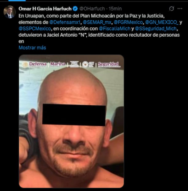 Detienen a Jaciel Antonio, identificado como reclutador de personas en centros de rehabilitación para integrarlas a células delictivas. Foto: Captura de pantalla de la cuentad e X de @OHarfuch