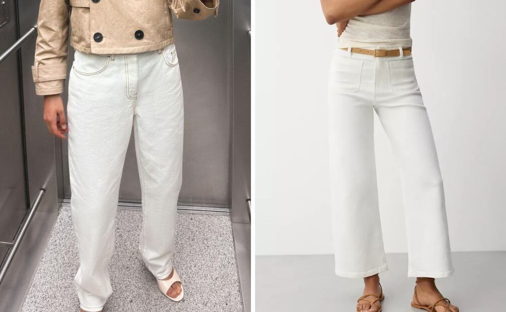 Jeans blancos wide leg, de Zara, y pantalones con bolsillos delanteros, de Lefties. Foto: Especial