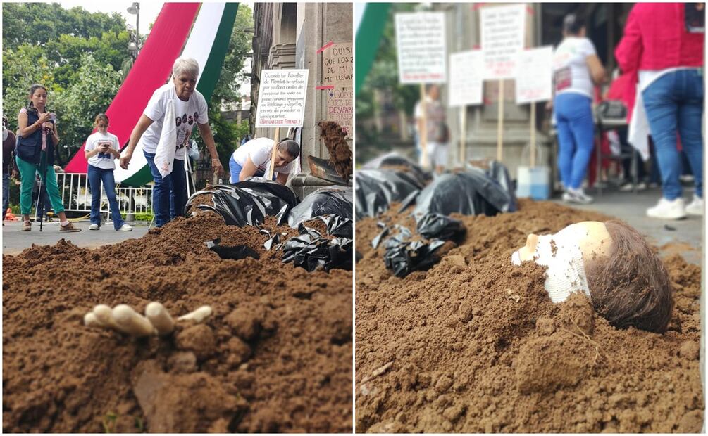 Colectivos simulan una fosa clandestina frente al Palacio de Gobierno en Morelos. Foto: Especial
