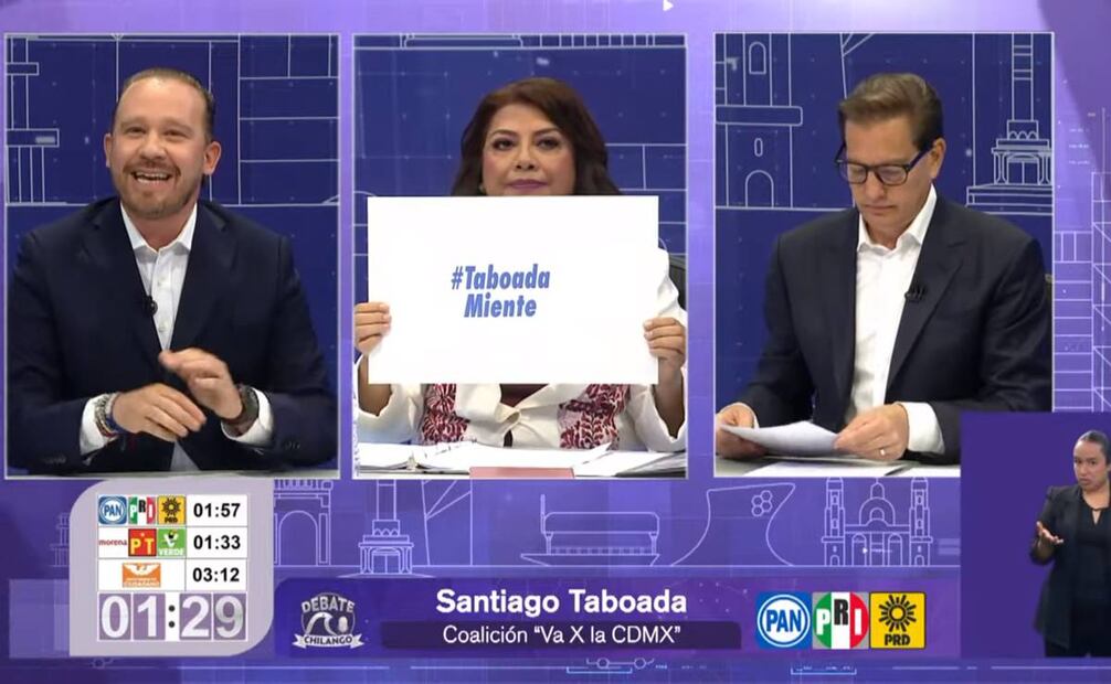 Segundo Debate Chilango entre Santiago Taboada (PAN, PRI y PRD), Clara Brugada (Morena, PT y PVEM) y Salomón Chertorivski (MC)/ Captura de pantalla