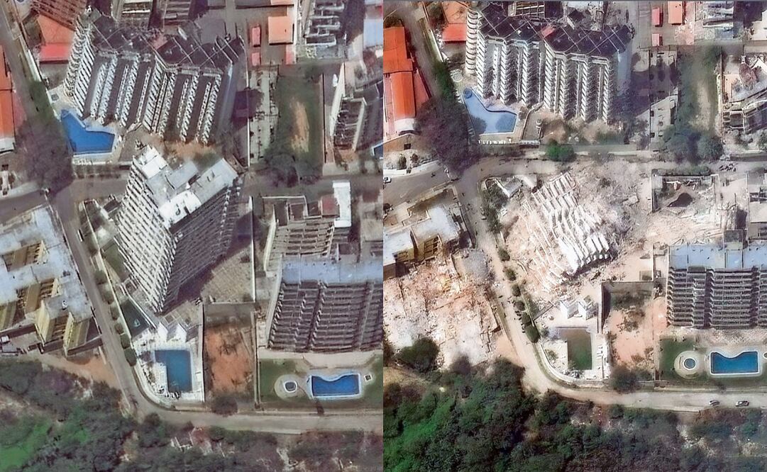 Imagen satelital proporcionada por Vantor muestra, de izquierda a derecha, edificios de apartamentos en La Guaira, el 22 de junio, y la infraestructura derrumbada tras el terremoto. Fotos: AP