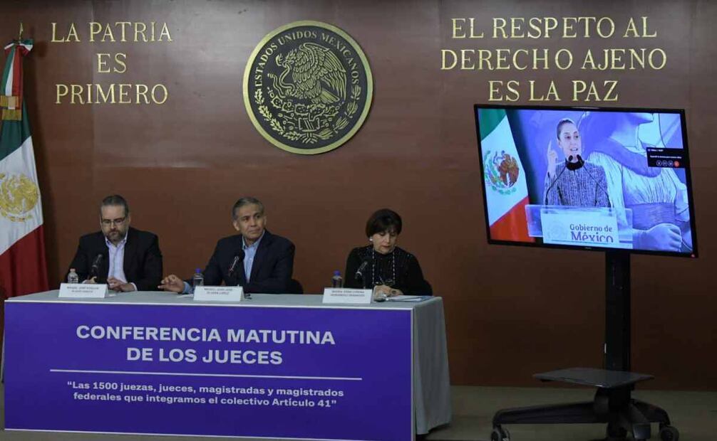Primera conferencia matutina de 2025 los jueces y magistrados, integrantes del Colectivo Artículo 41. Foto: Especial