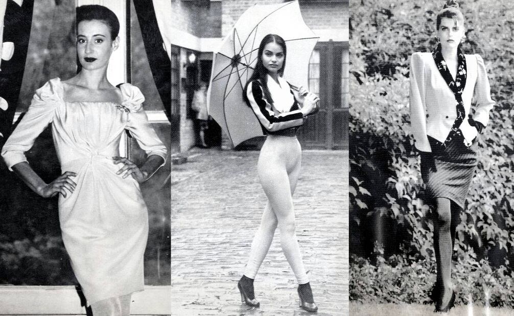 Tres looks que es fácil reconocer como parte de los 80, en este caso firmados por el francés Christian Lacroix (izq.), la británica Vivienne Westwood (centro) y el también francés Emanuel Ungaro (der.). Los cortes ajustados y las hombreras amplias fueron detalles influyentes. Archivo EL UNIVERSAL.