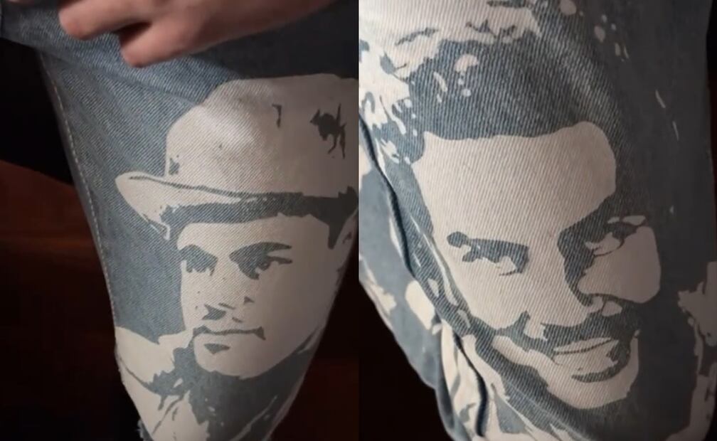 Natanael Cano presume pantalones con la figura de reconocidos narcotraficantes. Foto: Vía TikTok.