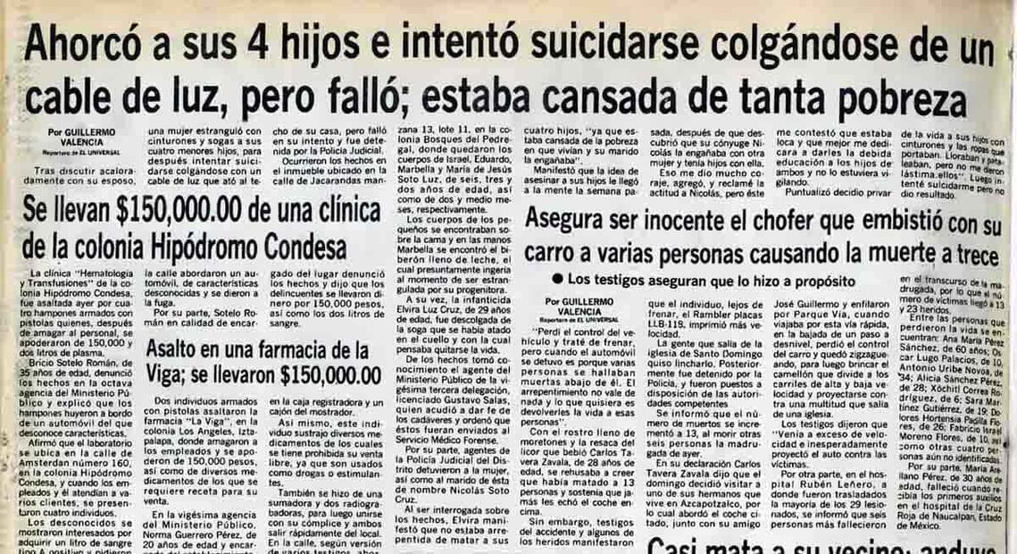 Nota publicada el 10 de agosto de 1982 por esta casa editorial, el crimen fue cubierto a nivel local y nacional. Dentro de una aparente calma en medio de una crisis económica, la precariedad sería una constante que causaba muertes en los sectores sociales más bajos de México. Foto: Hemeroteca El Universal.