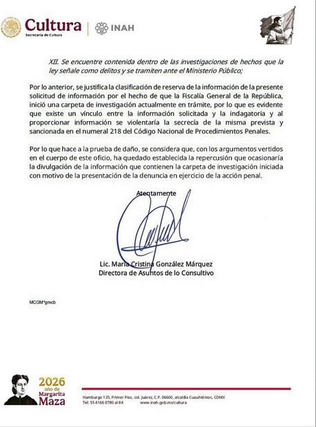 El INAH indica que la información solicitada forma parte de una investigación en curso y no se puede compartir.