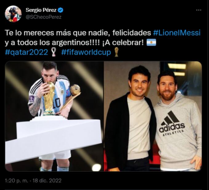 Checo Pérez felicita a Lionel Messi por el título de Argentina en Qatar 2022