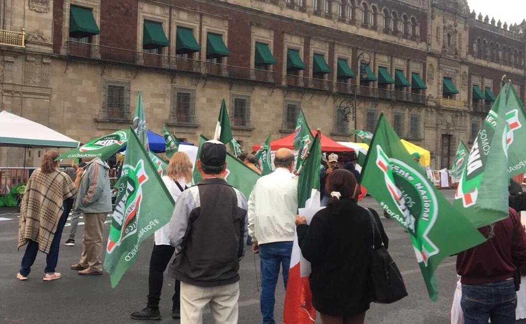 Un grupo de ciudadanos con playeras verdes, banderas de México y de FRENAA se colocaron frente al balcón central de Palacio Nacional. Foto: Alberto Morales y Enrique Gómez / EL UNIVERSAL
