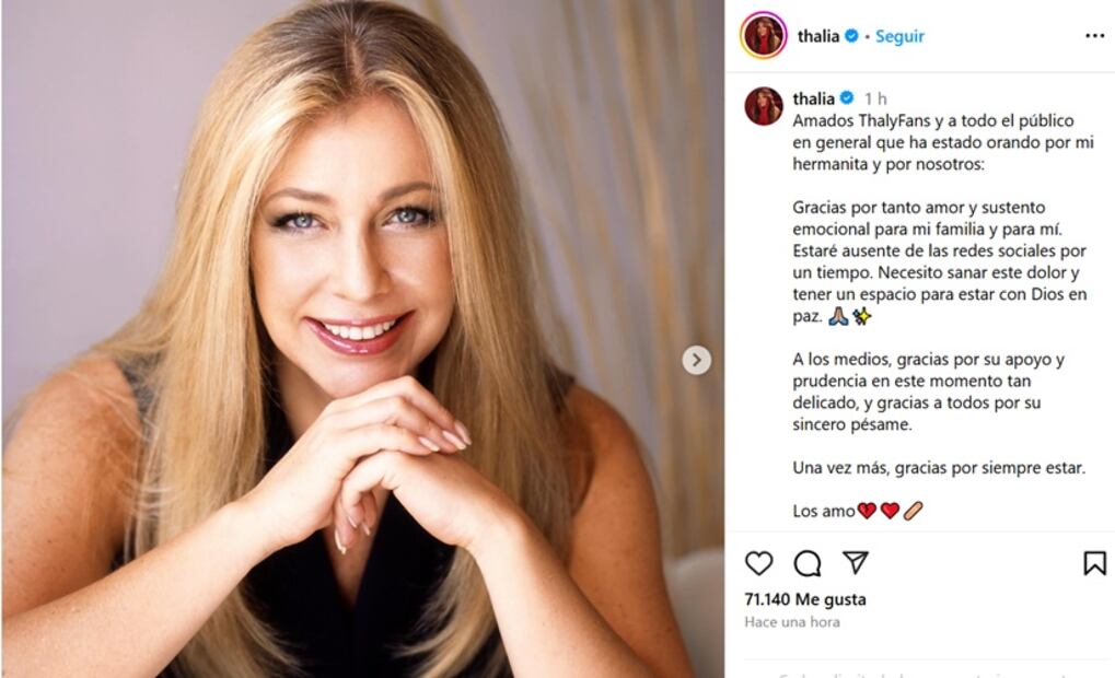 Este es el mensaje con el que Thalía anunció a sus fans su retiro de las redes sociales. Foto: Instagram.