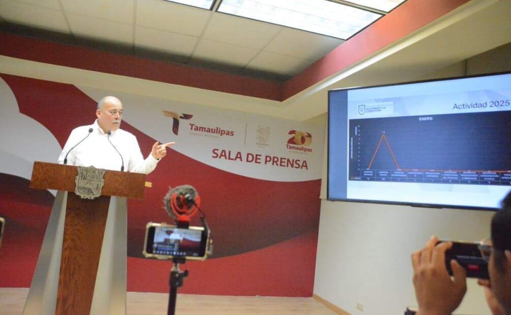 Fiscal Anticorrupción en Tamaulipas durante una conferencia de prensa donde señala que se investiga al exgobernador Cabeza de Vaca (28/01/2025). Foto: Especial