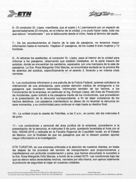 ETN da versión de asalto a autobús; se dice dispuesta a colaborar
