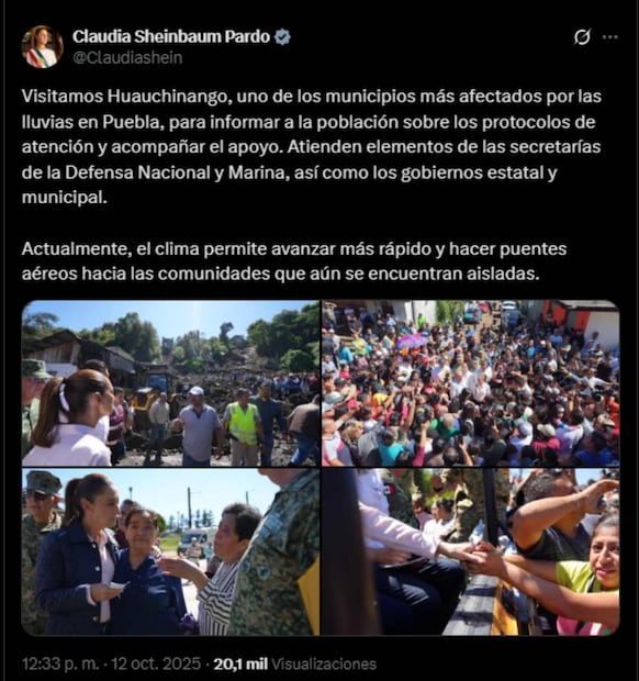 La presidenta Claudia Sheinbaum acude a Pueblo tras afectación por la lluvia. Foto: Captura de pantalla de la cuenta de X de @Claudiashein.