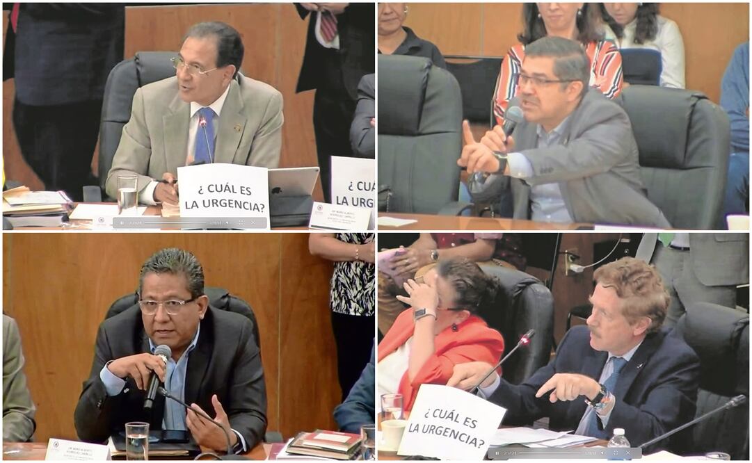 Diputados de oposición cuestionaron el martes por la noche la aceleración de los procesos legislativos, mostrando durante su respectiva intervención carteles con
la frase: “¿Cúal es la urgencia?” Arriba, Carlos Madrazo (PAN) y Brasil Acosta (PRI); abajo, Mario Alberto Rodríguez (MC) y Juan Carlos Romero Hicks (PAN). Foto: Especial