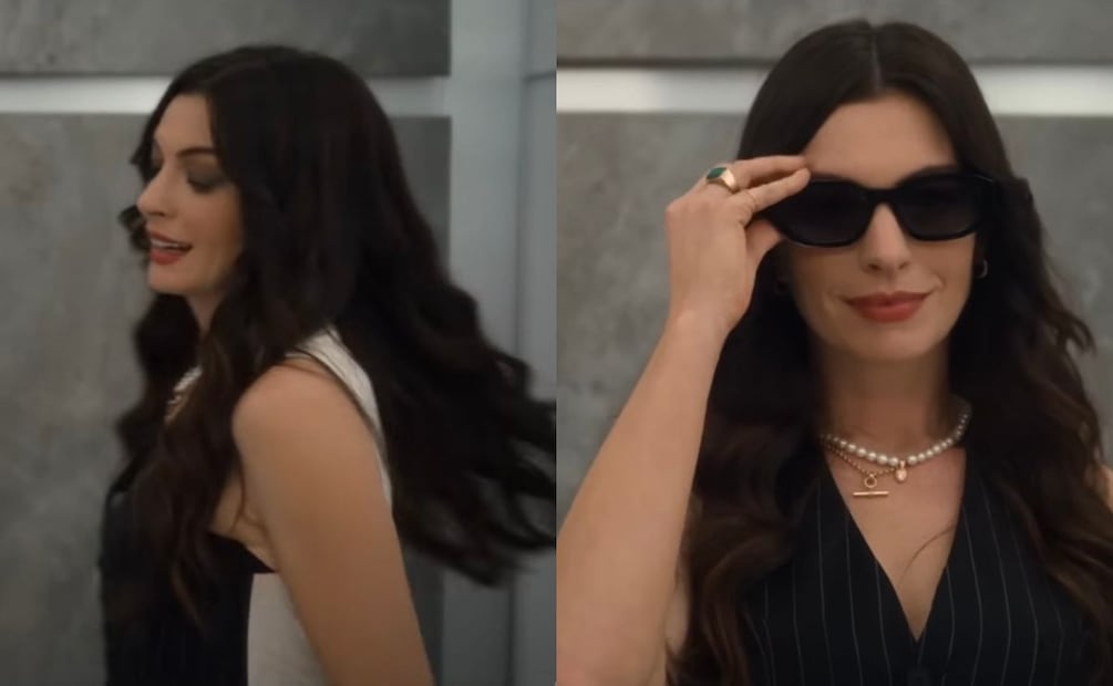 Anne Hathaway encarna a una Andy Sachs empoderada con un conjunto a raya diplomática. Foto: YouTube: 20th Century Studios