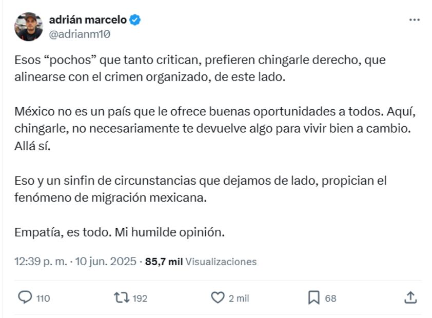 Adrián Marcelo reaccionó ante las movilizaciones en L.A. Foto: redes Sociales