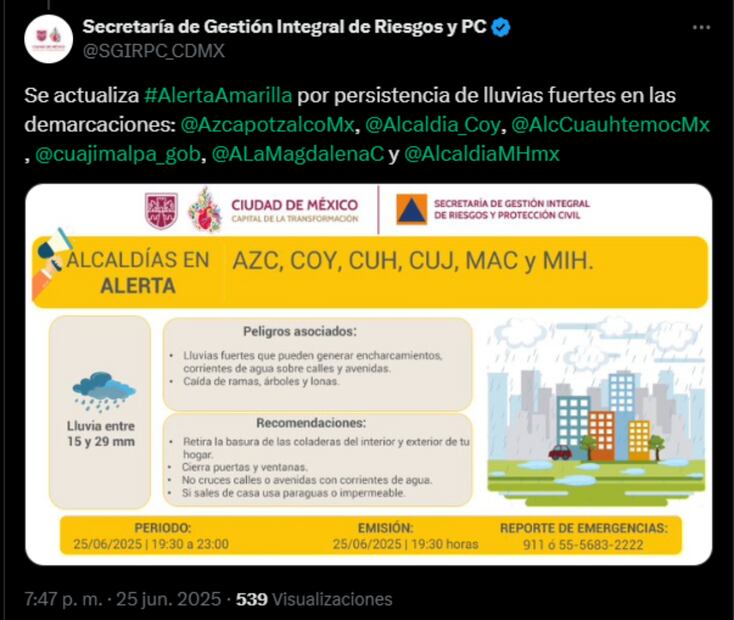 Alertas roja por lluvias (25/06/2025). Foto: Captura de pantalla