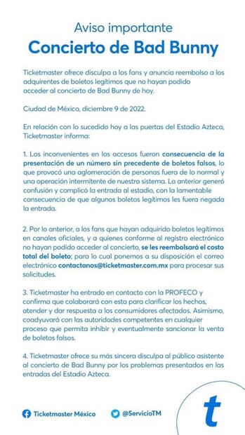 Ticketmaster ofrece disculpas por boletos rechazados para Bad Bunny; dará reembolsos