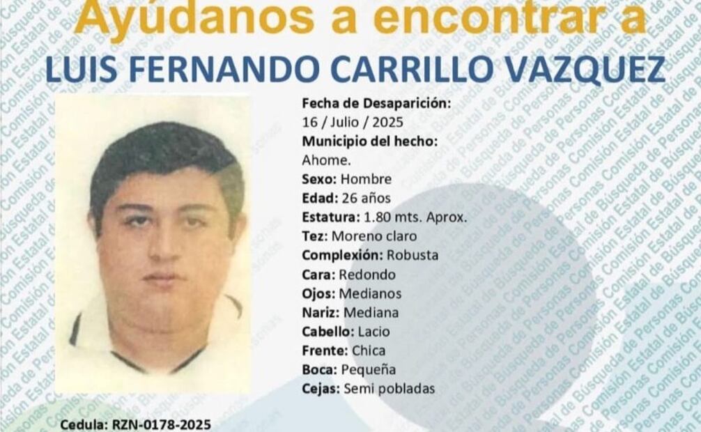 Ficha de búsqueda de Luis Fernando Carrillo  (22/07/2025). Foto: Especial