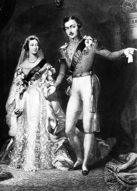 Pintura de la boda entre la reina Victoria y el príncipe Alberto, donde se ve el ramillete de mirto que llevó en su enlace matrimonial. Las posteriores bodas reales de Gran Bretaña todavía hacen referencia a ese arreglo floral; Diana Spencer y Kate Middleton acompañaron sus ramos con mirto. Foto: Grabado S. Reynolds/Archivo Hulton/Wikimedia Commons.