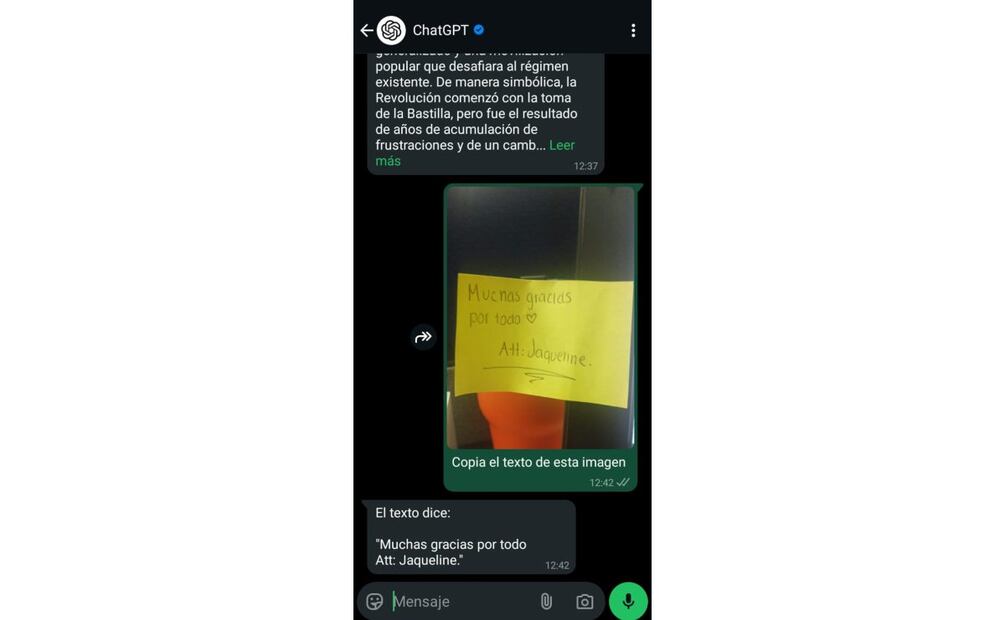 Hablar con ChatGPT por mensajes de voz en WhatsApp. Imagen: captura de pantalla