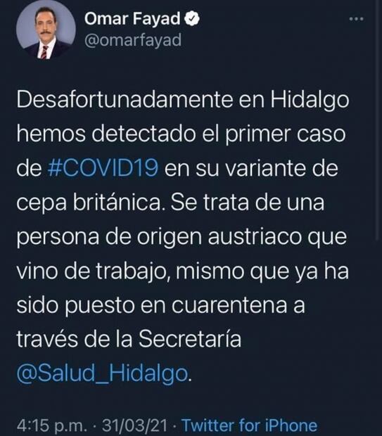 Confirman caso de Covid con variante británica en Hidalgo