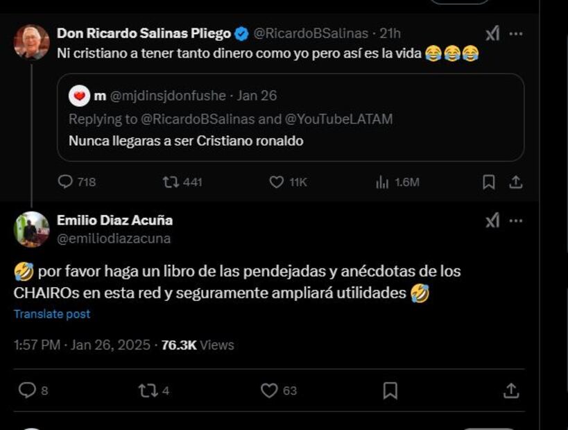 El fundador de Grupo Salinas sugirió la posibilidad de escribir un libro recopilando "las pendejadas y anécdotas de chairos" en redes sociales.
Foto: Captura de pantalla en X